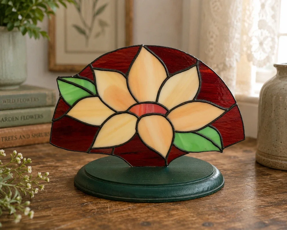 Vintage Stained Glass Flower Panel Wood Stand Tiffany Style Floral Decor